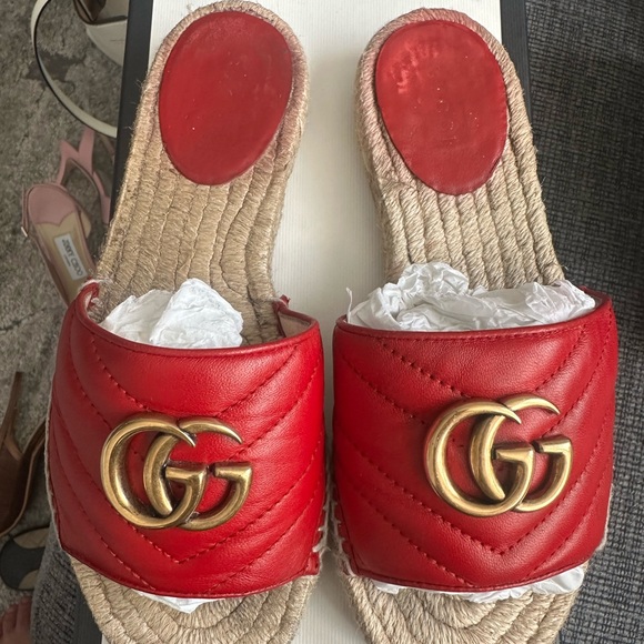Gucci Shoes - Gucci Red Leather Espadrille Slides